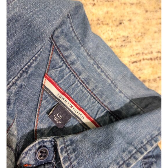 Tommy Hilfiger Shirt Dress Sz L Chambray Denim Mini Sleeveless Tie Front Wrap - Picture 12 of 16